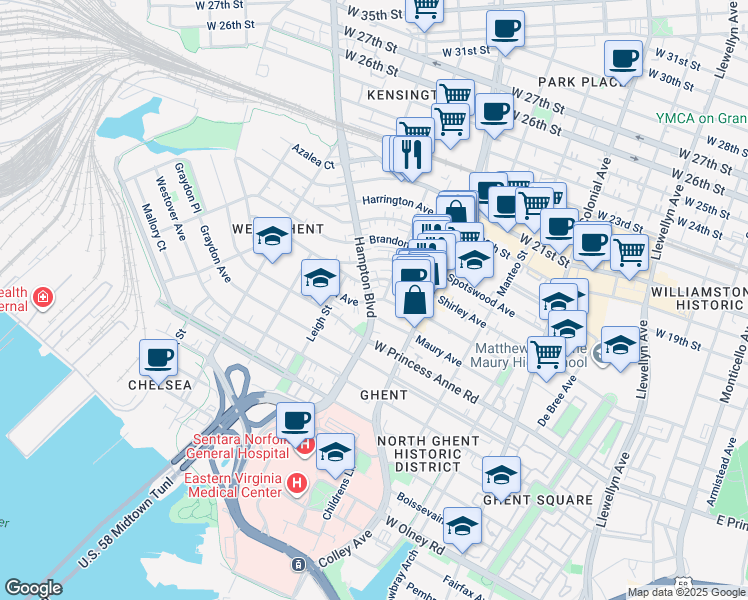 map of restaurants, bars, coffee shops, grocery stores, and more near 1400 Hampton Boulevard in Norfolk