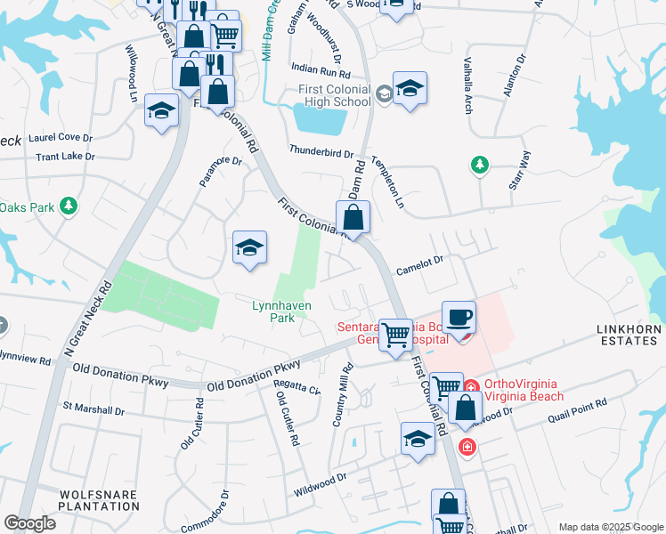 map of restaurants, bars, coffee shops, grocery stores, and more near 1028 Collection Creek Way in Virginia Beach