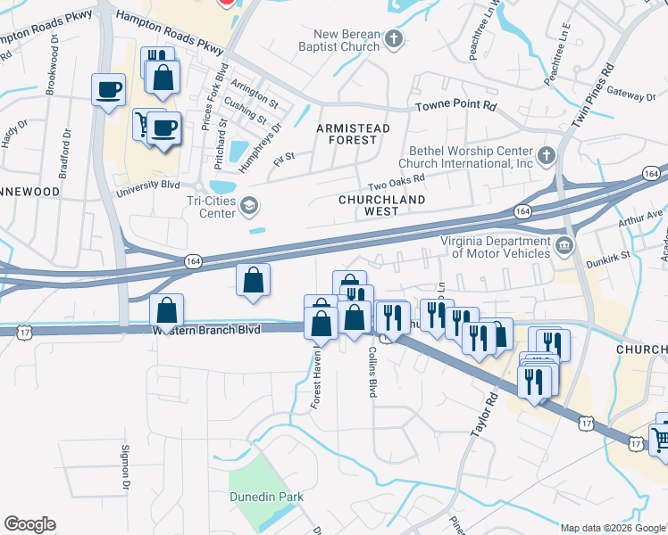 map of restaurants, bars, coffee shops, grocery stores, and more near 6816 Kenny Lane in Portsmouth