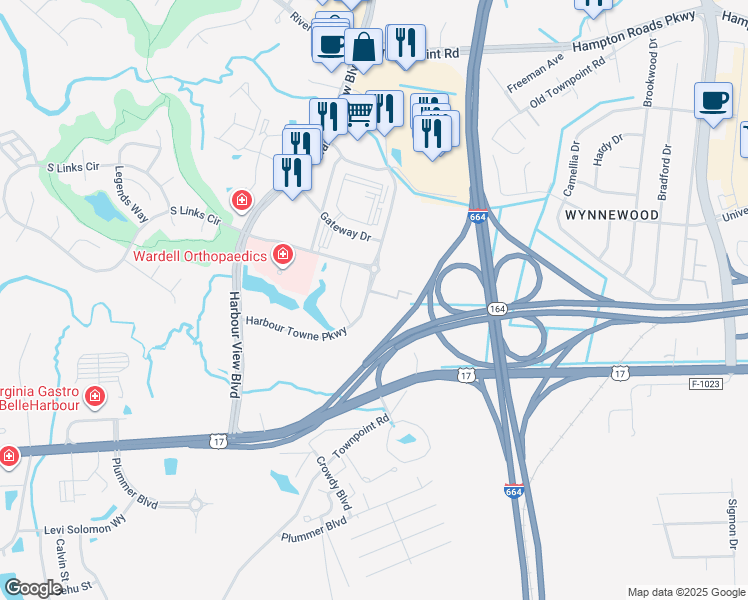 map of restaurants, bars, coffee shops, grocery stores, and more near Western Freeway in Suffolk