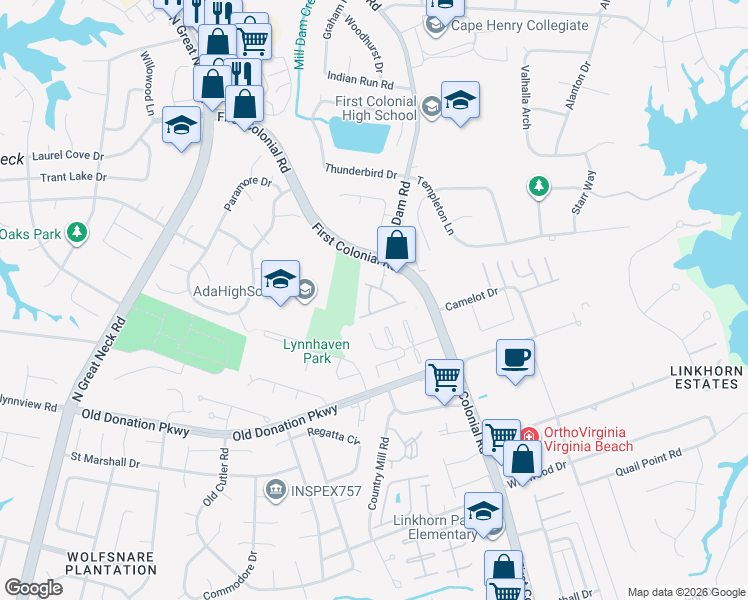 map of restaurants, bars, coffee shops, grocery stores, and more near 1028 Collection Creek Way in Virginia Beach