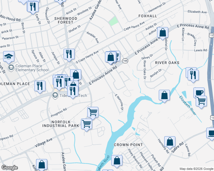 map of restaurants, bars, coffee shops, grocery stores, and more near 1441 Norcova Avenue in Norfolk