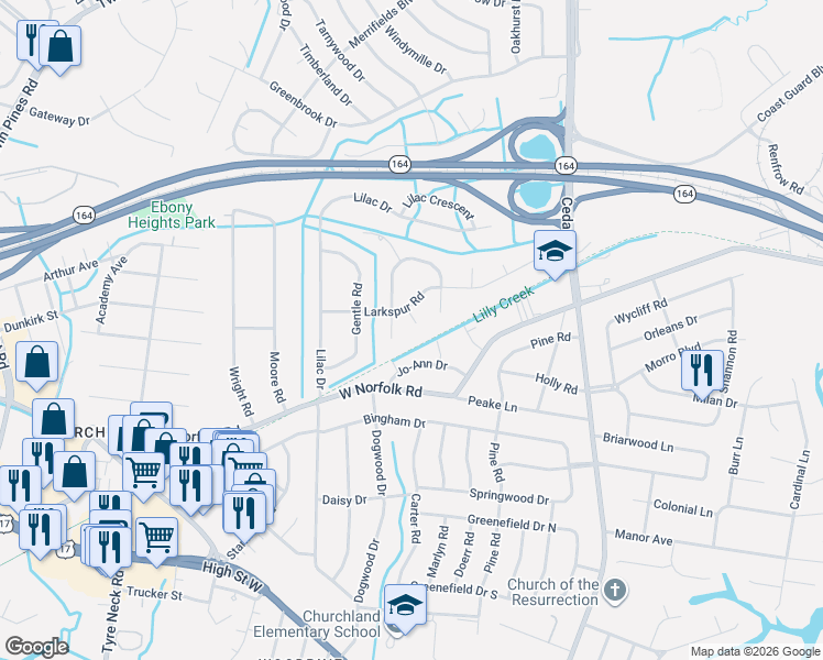 map of restaurants, bars, coffee shops, grocery stores, and more near 3601 Hosiers Oaks Drive in Portsmouth