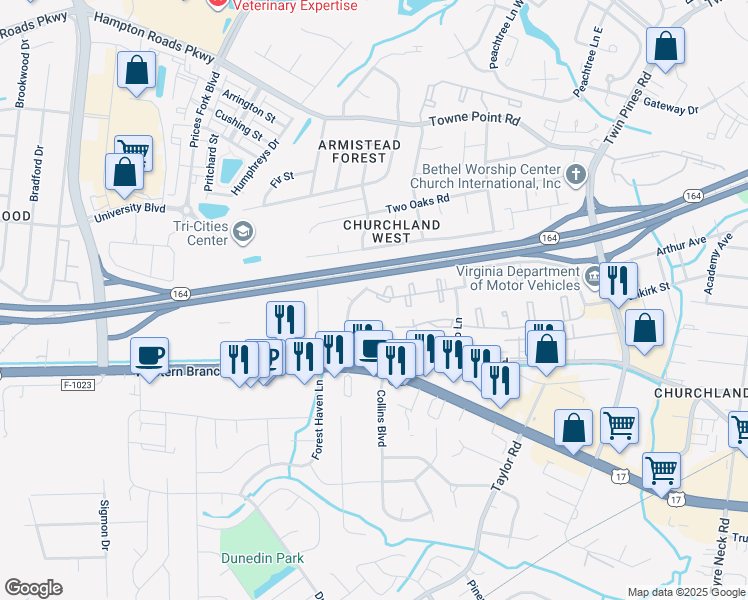 map of restaurants, bars, coffee shops, grocery stores, and more near 7010 Kenny Lane in Portsmouth