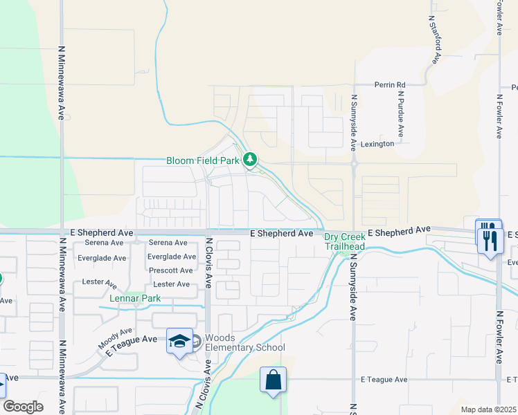 map of restaurants, bars, coffee shops, grocery stores, and more near 4650 Shepherd Avenue in Clovis