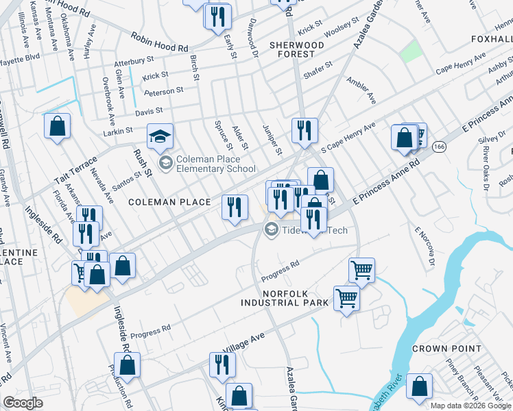map of restaurants, bars, coffee shops, grocery stores, and more near 1551 Alder Street in Norfolk