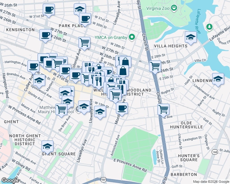 map of restaurants, bars, coffee shops, grocery stores, and more near 100-198 West 22nd Street in Norfolk
