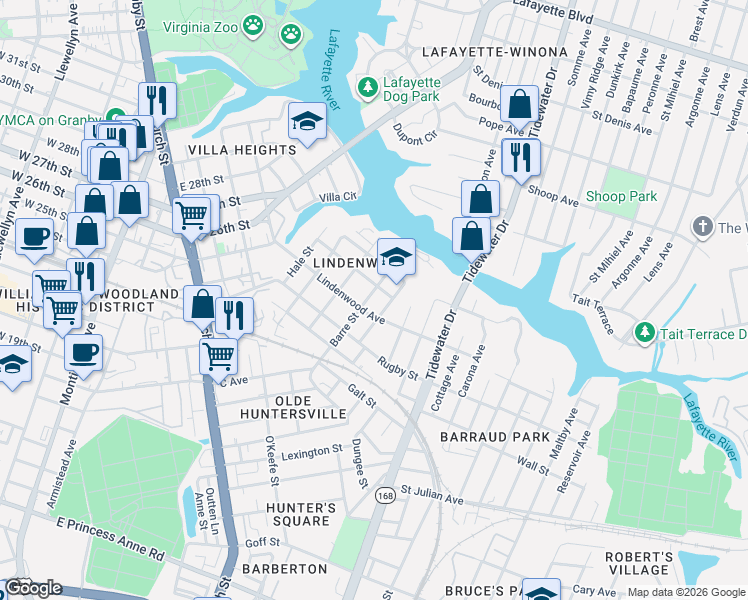 map of restaurants, bars, coffee shops, grocery stores, and more near 920 Hayes Street in Norfolk