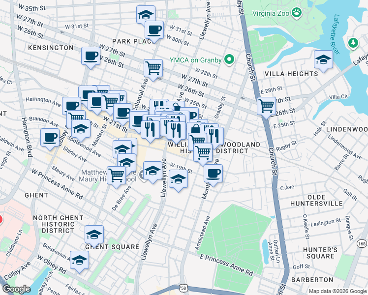 map of restaurants, bars, coffee shops, grocery stores, and more near 201 West 21st Street in Norfolk