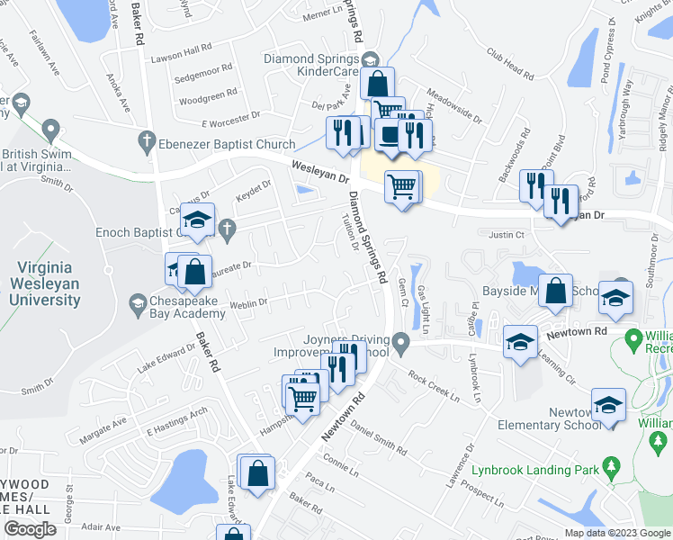 map of restaurants, bars, coffee shops, grocery stores, and more near 5723 Constance Court in Virginia Beach