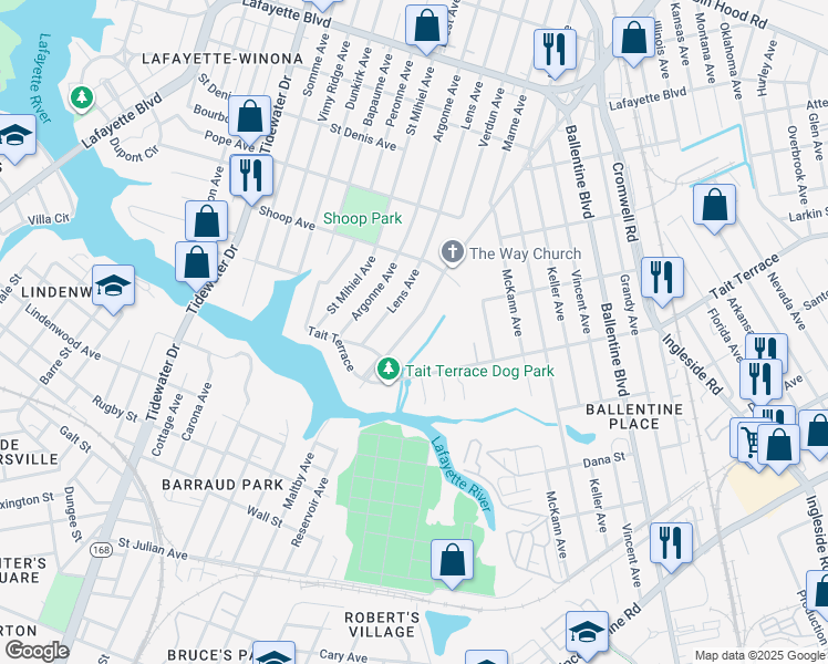 map of restaurants, bars, coffee shops, grocery stores, and more near 2638 Lens Avenue in Norfolk