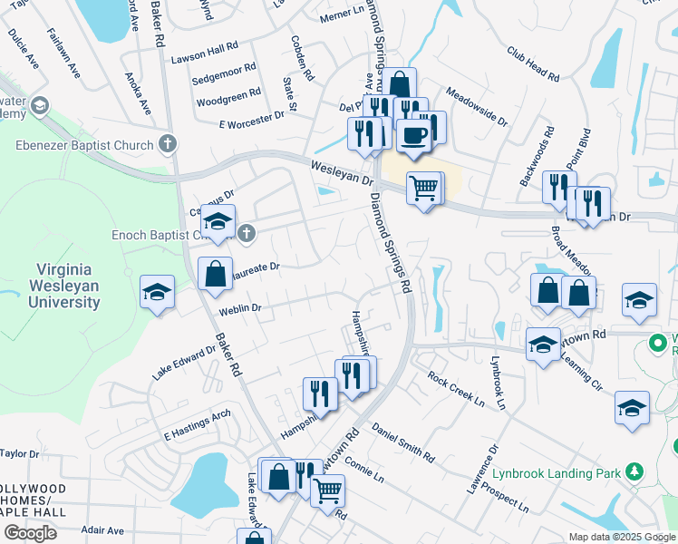 map of restaurants, bars, coffee shops, grocery stores, and more near 819 Stephanie Court in Virginia Beach