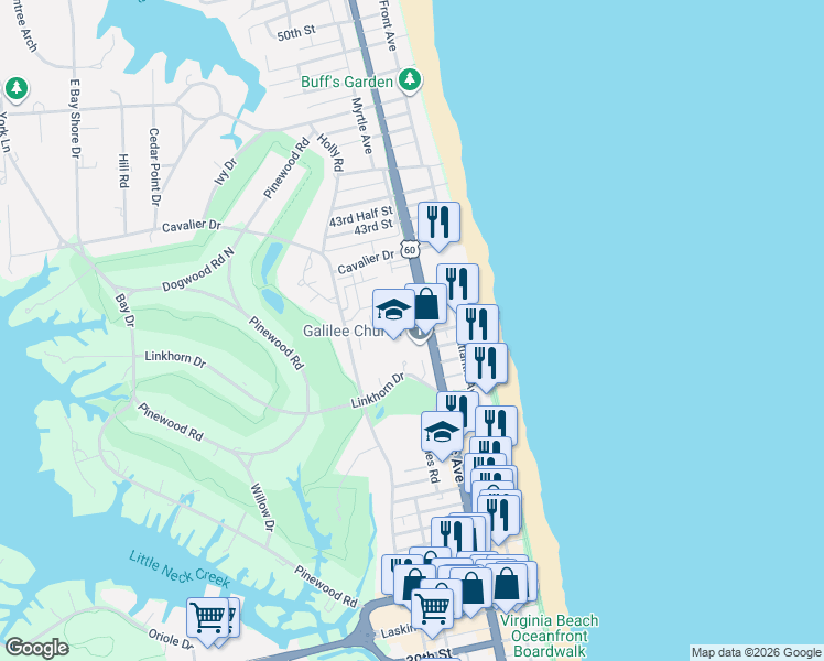 map of restaurants, bars, coffee shops, grocery stores, and more near 4065 Harlow Street in Virginia Beach