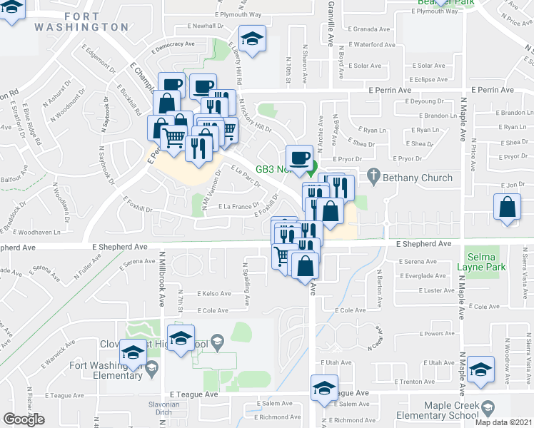 map of restaurants, bars, coffee shops, grocery stores, and more near 1325 East Foxhill Drive in Fresno