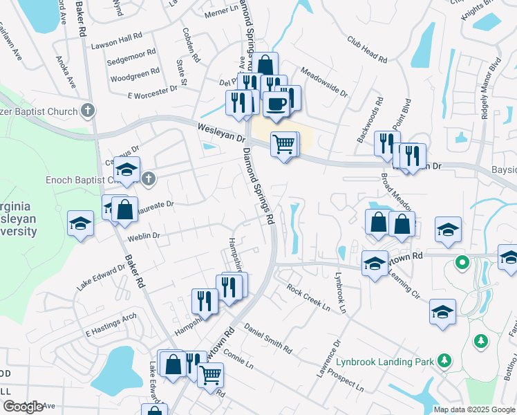 map of restaurants, bars, coffee shops, grocery stores, and more near 800 Tuition Drive in Virginia Beach