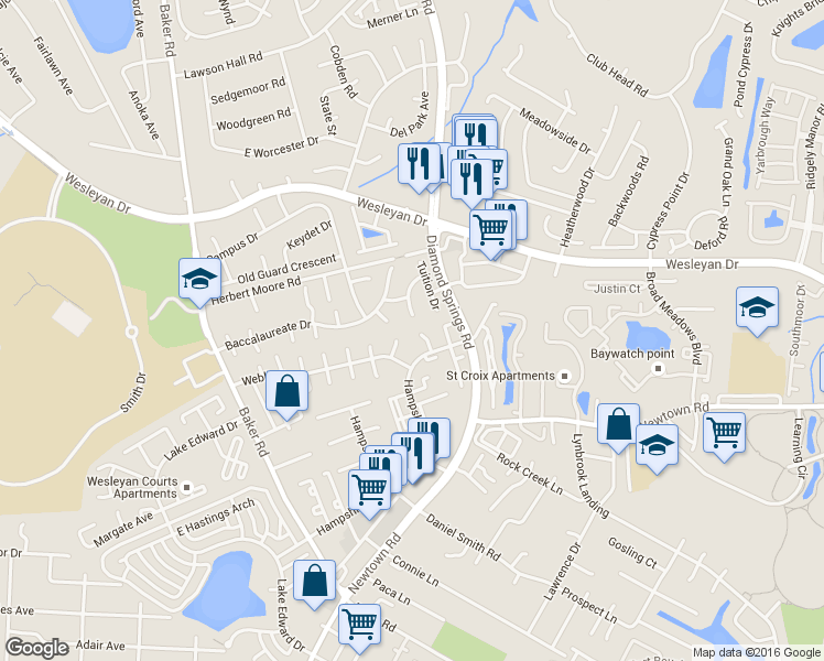 map of restaurants, bars, coffee shops, grocery stores, and more near 5442 Scholarship Drive in Virginia Beach