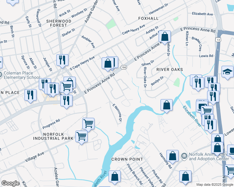 map of restaurants, bars, coffee shops, grocery stores, and more near 1400 Halstead Avenue in Norfolk