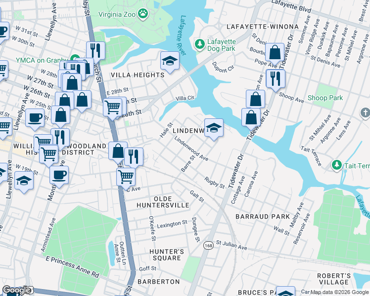map of restaurants, bars, coffee shops, grocery stores, and more near 2507 Middle Avenue in Norfolk