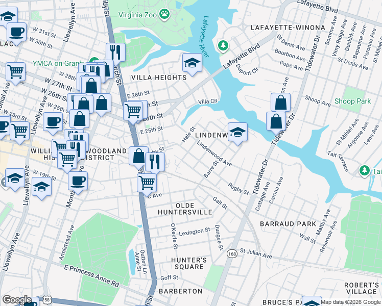 map of restaurants, bars, coffee shops, grocery stores, and more near 2423 West Avenue in Norfolk