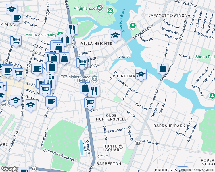 map of restaurants, bars, coffee shops, grocery stores, and more near 800 Pollard Street in Norfolk