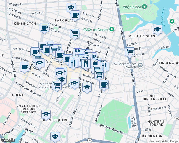 map of restaurants, bars, coffee shops, grocery stores, and more near 222 West 21st Street in Norfolk