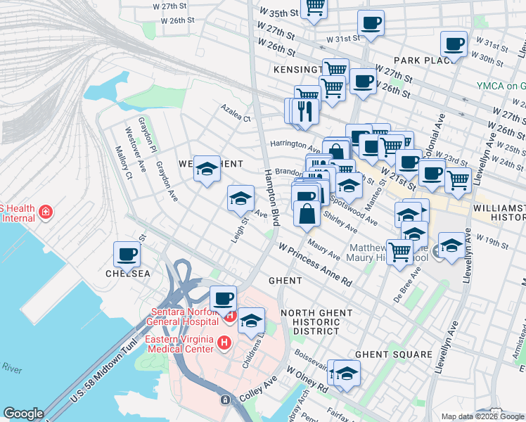 map of restaurants, bars, coffee shops, grocery stores, and more near 1500 Hampton Boulevard in Norfolk