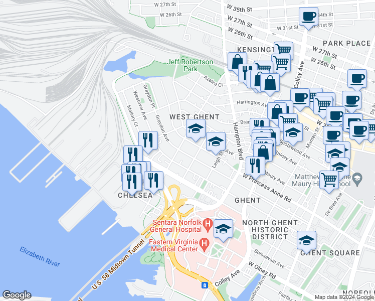 map of restaurants, bars, coffee shops, grocery stores, and more near 1127 West Princess Anne Road in Norfolk