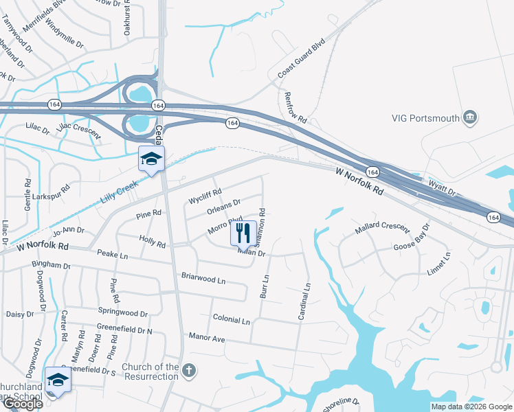 map of restaurants, bars, coffee shops, grocery stores, and more near 4808 Orleans Drive in Portsmouth
