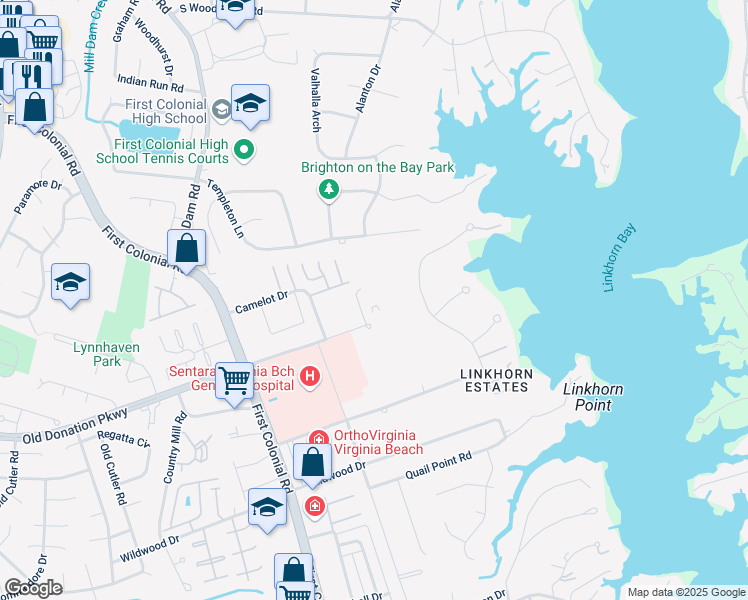 map of restaurants, bars, coffee shops, grocery stores, and more near 1604 Old Donation Parkway in Virginia Beach