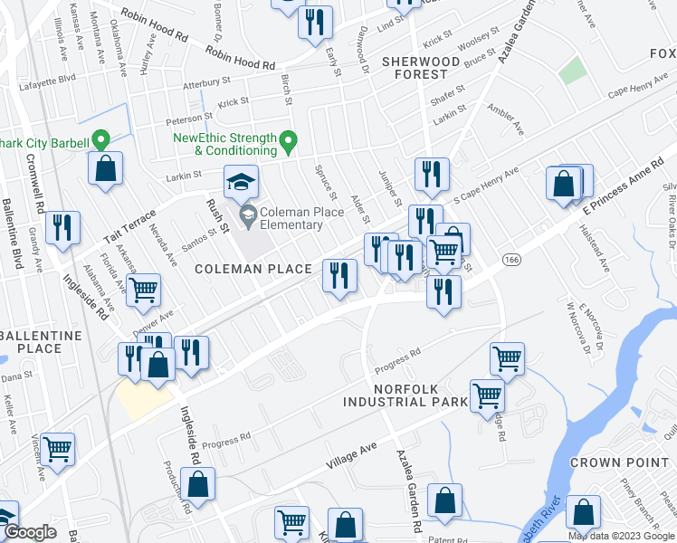 map of restaurants, bars, coffee shops, grocery stores, and more near 1552 Hemlock Street in Norfolk