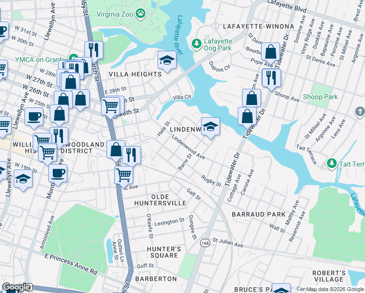 map of restaurants, bars, coffee shops, grocery stores, and more near 2507 Middle Avenue in Norfolk