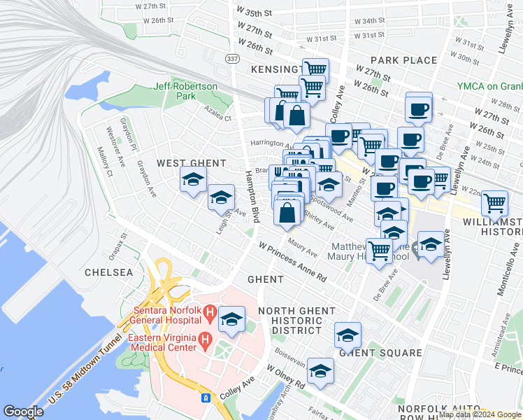 map of restaurants, bars, coffee shops, grocery stores, and more near 1400 Hampton Boulevard in Norfolk