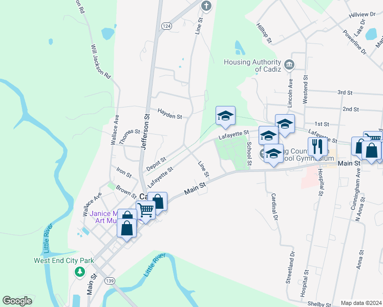 map of restaurants, bars, coffee shops, grocery stores, and more near 206 Lafayette Street in Cadiz