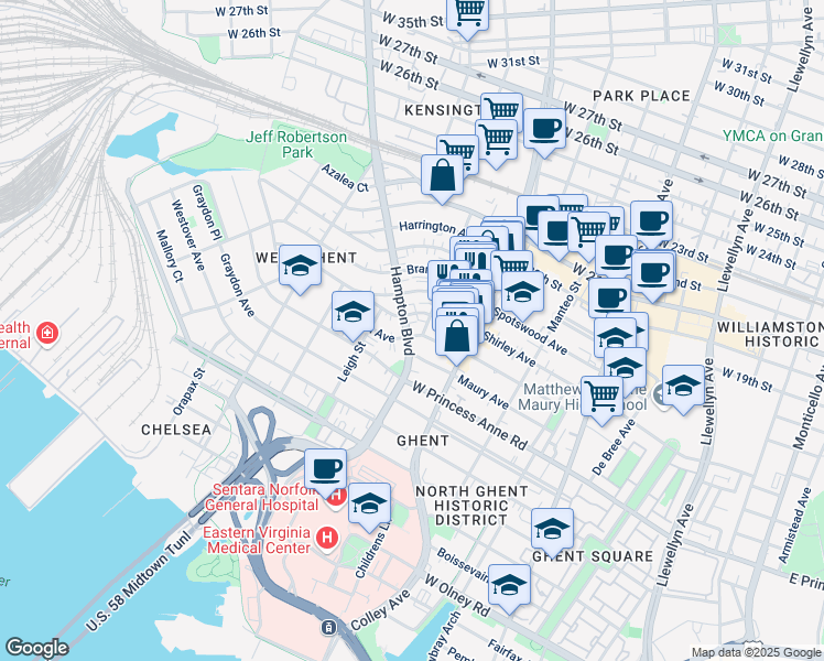map of restaurants, bars, coffee shops, grocery stores, and more near 1400 Hampton Boulevard in Norfolk