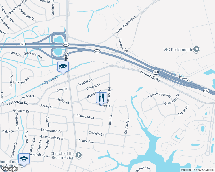 map of restaurants, bars, coffee shops, grocery stores, and more near 4808 Orleans Drive in Portsmouth