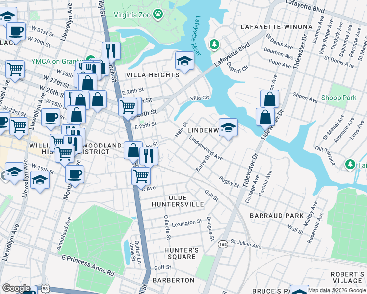 map of restaurants, bars, coffee shops, grocery stores, and more near 2423 West Avenue in Norfolk