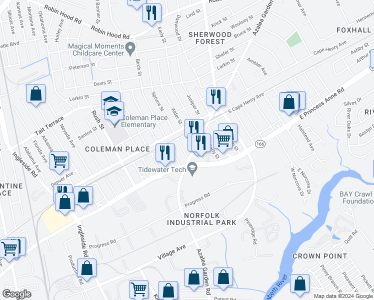 map of restaurants, bars, coffee shops, grocery stores, and more near 1526 Spruce Street in Norfolk