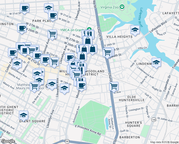 map of restaurants, bars, coffee shops, grocery stores, and more near 222 East 22nd Street in Norfolk