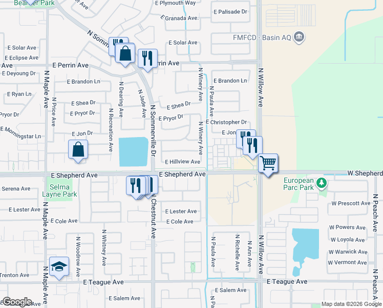 map of restaurants, bars, coffee shops, grocery stores, and more near 2677 East Skyview Avenue in Fresno