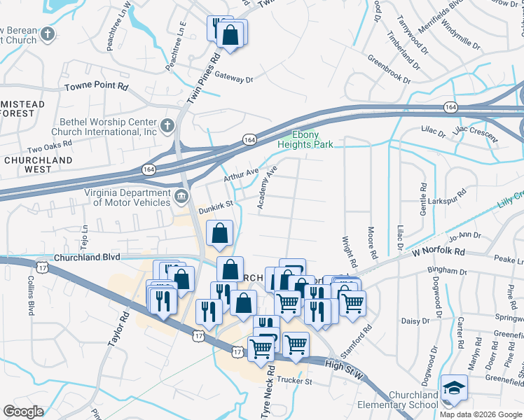 map of restaurants, bars, coffee shops, grocery stores, and more near 512 Academy Avenue in Portsmouth