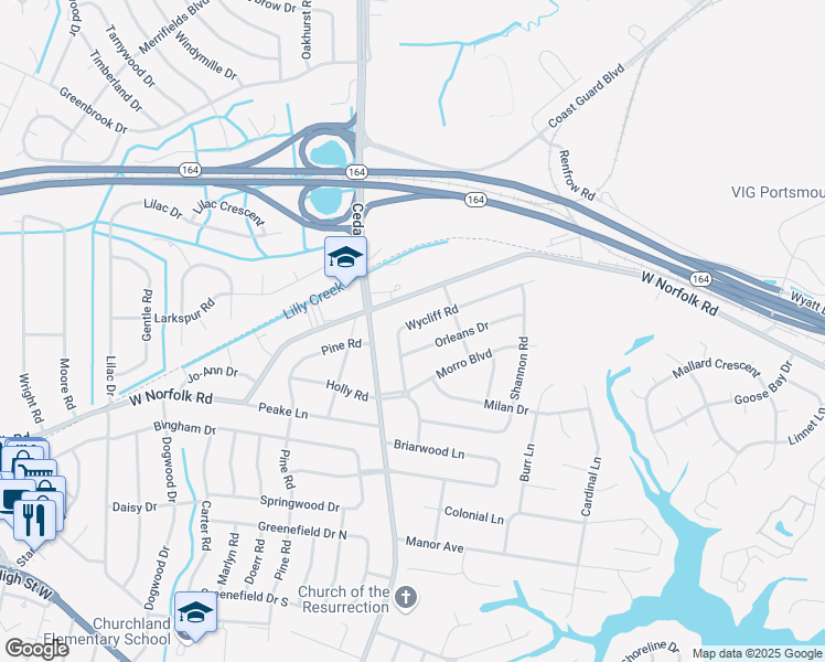 map of restaurants, bars, coffee shops, grocery stores, and more near 4921 Wycliff Road in Portsmouth