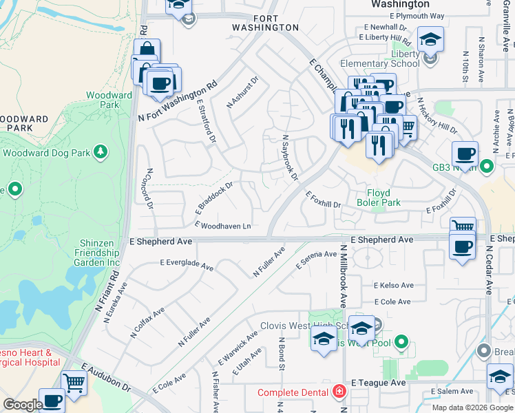 map of restaurants, bars, coffee shops, grocery stores, and more near 9136 North Woodlawn Drive in Fresno