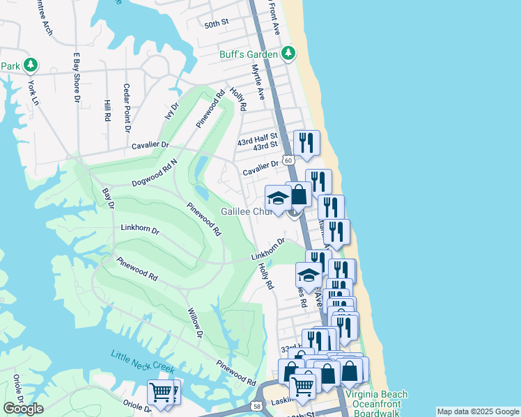 map of restaurants, bars, coffee shops, grocery stores, and more near 3949 Ocean Hills Court in Virginia Beach