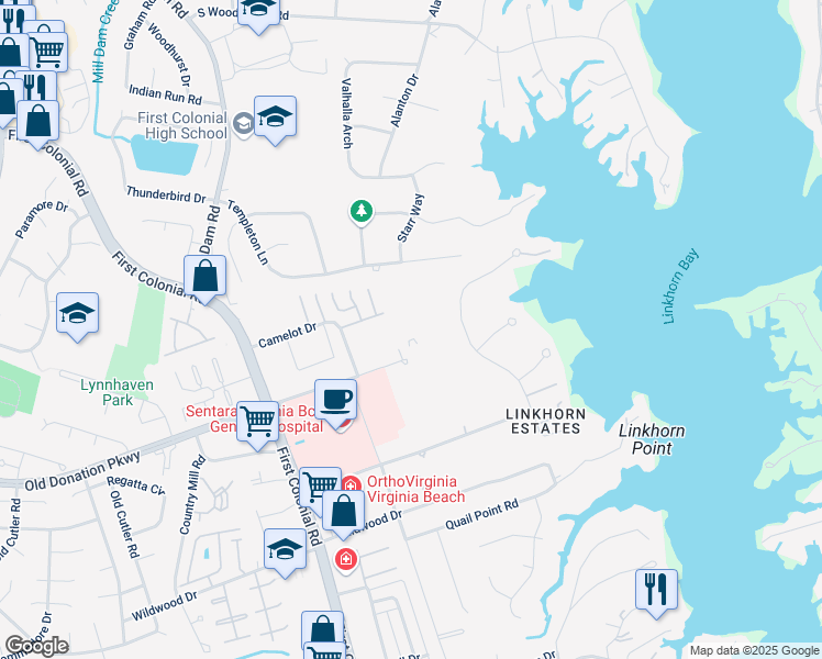 map of restaurants, bars, coffee shops, grocery stores, and more near 1604 Old Donation Parkway in Virginia Beach