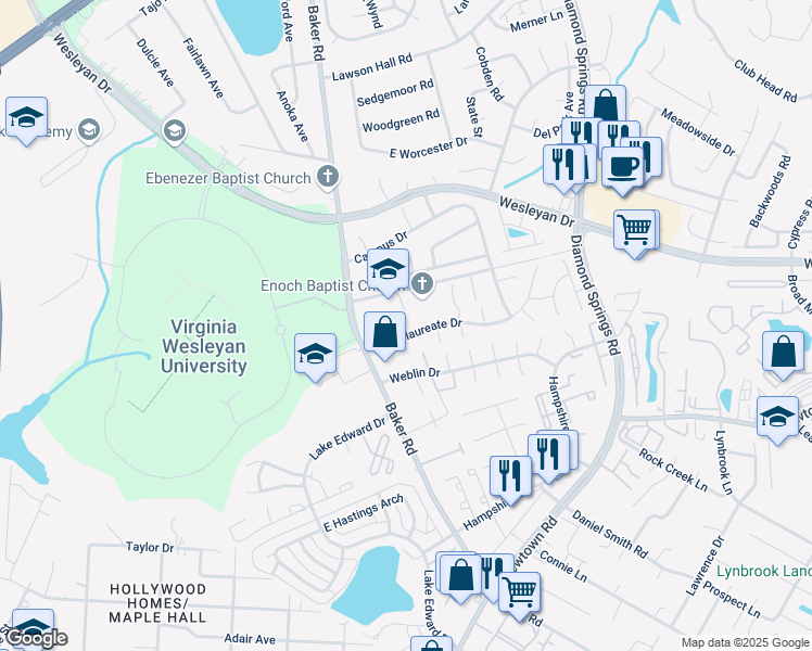 map of restaurants, bars, coffee shops, grocery stores, and more near 5677 Herbert Moore Road in Virginia Beach