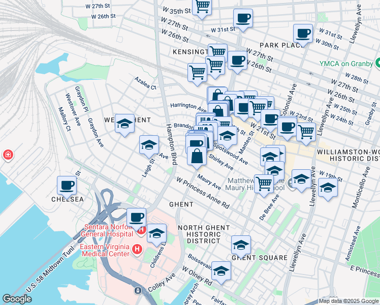 map of restaurants, bars, coffee shops, grocery stores, and more near 828 Shirley Avenue in Norfolk