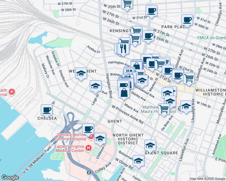 map of restaurants, bars, coffee shops, grocery stores, and more near 1500 Hampton Boulevard in Norfolk