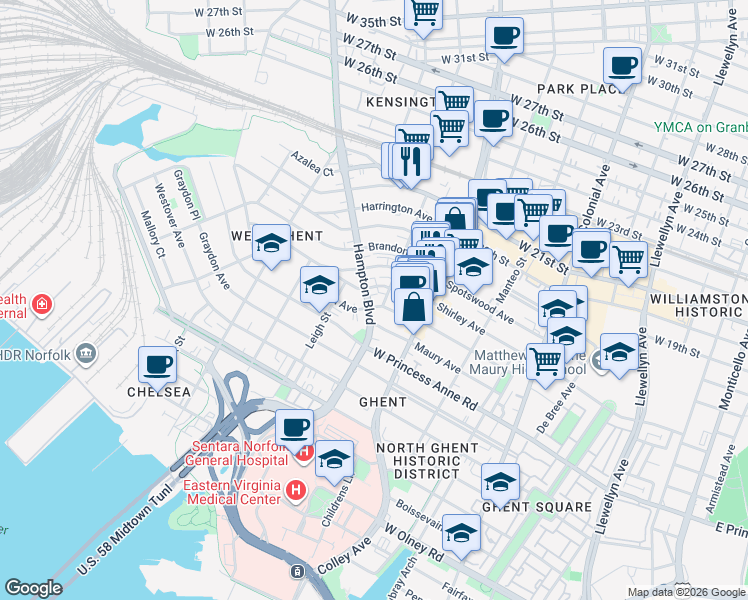 map of restaurants, bars, coffee shops, grocery stores, and more near 1400 Hampton Boulevard in Norfolk
