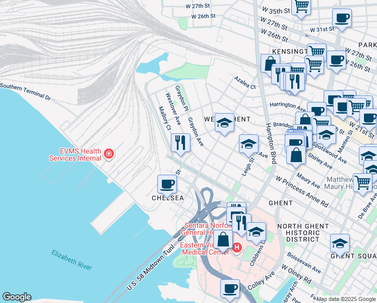 map of restaurants, bars, coffee shops, grocery stores, and more near 1247 Westover Avenue in Norfolk