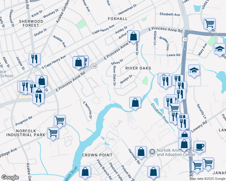 map of restaurants, bars, coffee shops, grocery stores, and more near 1297 River Oaks Drive in Norfolk